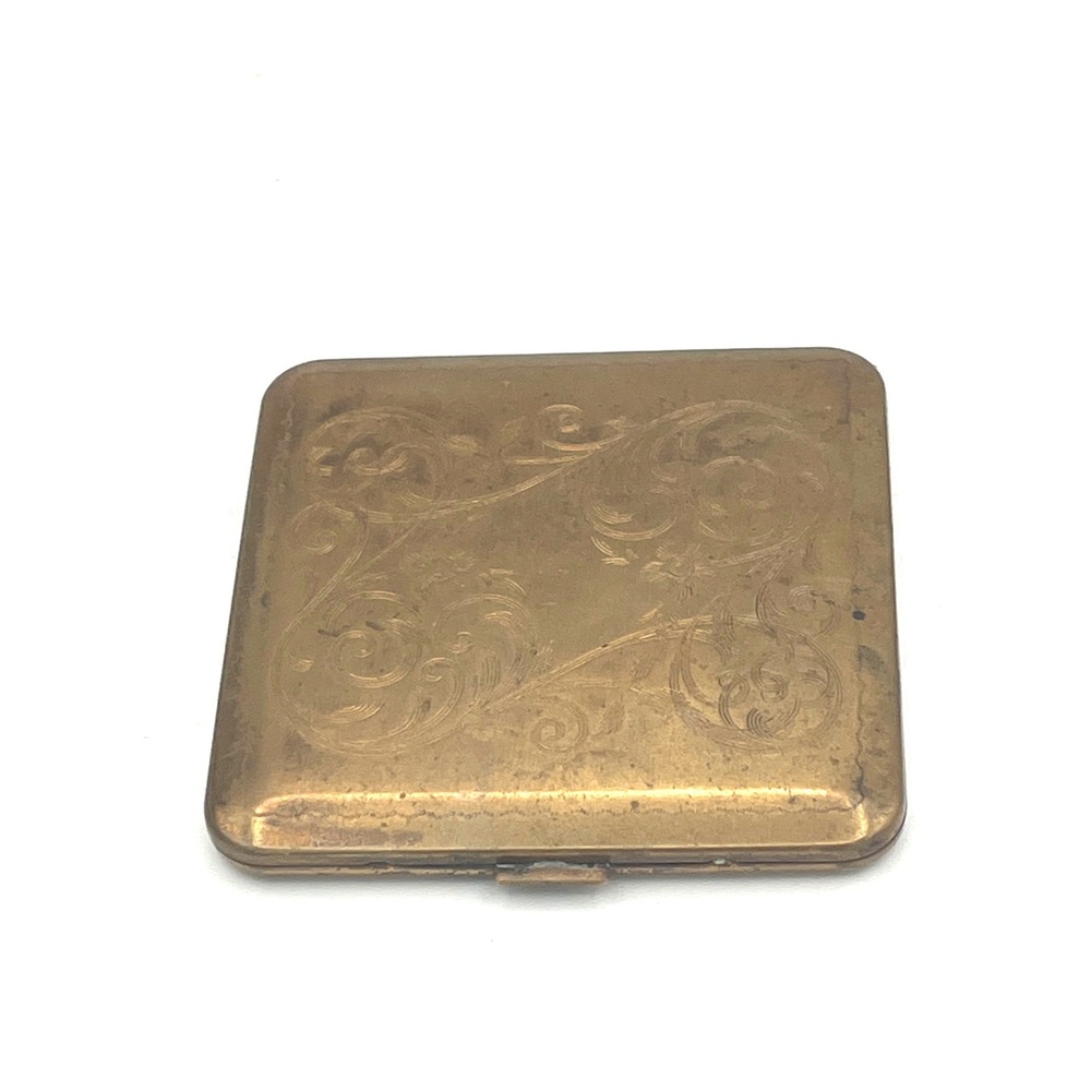 Vintage Dorset Fifth Avenue Brass Powder Compact Etched Floral Gold Tone Square